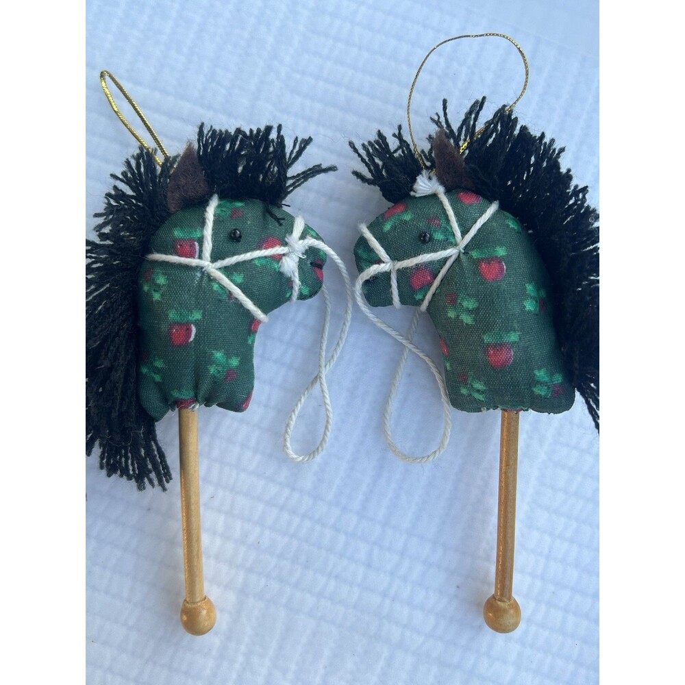 Vintage Handmade Stick Horse Christmas Ornaments Fabric Hobby Horse Pair Green